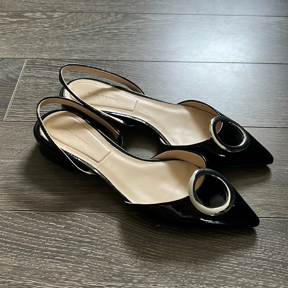 COPY - ZARA black leather flats pointed toe sling back heel size 38/7.5